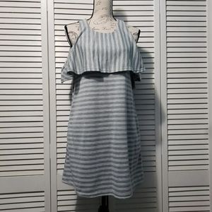 Loveriche‎ Sleeveless Dress Women's Small Gray White Striped Mini Pockets Ruffle